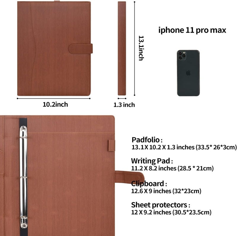 WONDERPOOL A4 PU Leather Portfolio Holder Ring File Document Case with Removable Binder Clipboard, Multi Pocket and Legal Pad for Business Organizer Interview and Meeting (Wine red) - Image 5